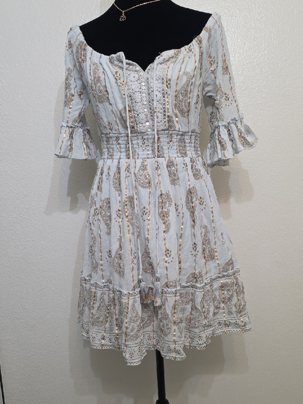 Ananta Light Blue Paisley Tie-Front Mini  Dress
